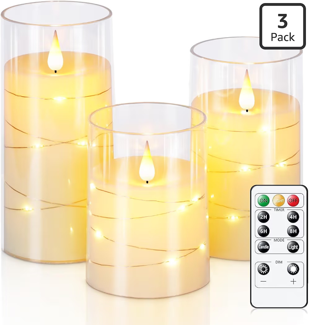 Homemory Flickering Flameless Candles with String Lights, Battery Operated Candles, Embedded Stri... | Amazon (US)