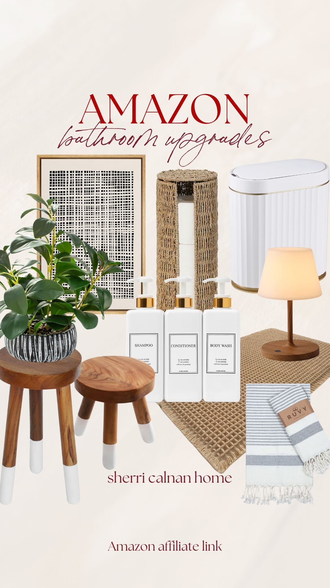 Amazon bathroom upgrades. Sherricalnanhome, Amazon bathroom finds, viral Amazon wall art, Amazon home finds, amazon teak wood stool, Amazon waffle bath mat, Amazon rechargeable light

#LTKFindsUnder100 #LTKHome #LTKFindsUnder50