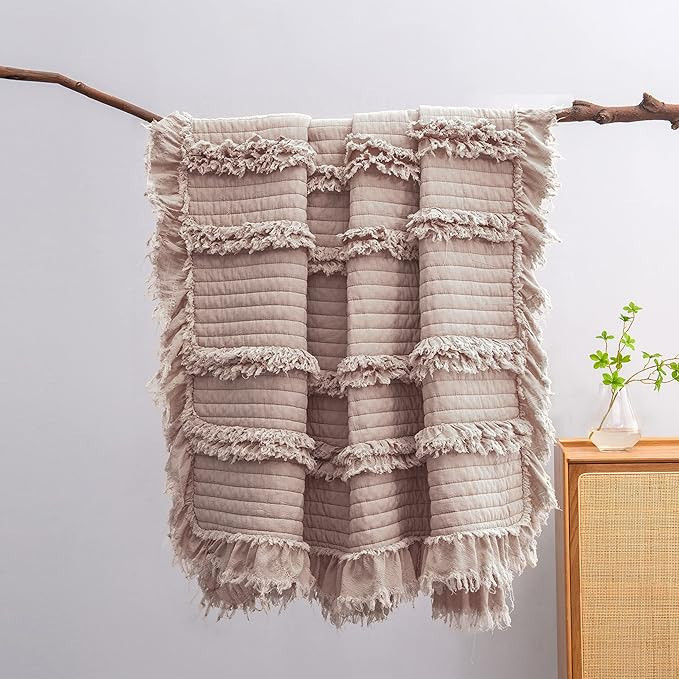 Ultra Soft Pre-Washed Quilted Throw Blanket, Ruffle Fringed Dusty Rose Pink Decorative Throw, Sto... | Amazon (US)