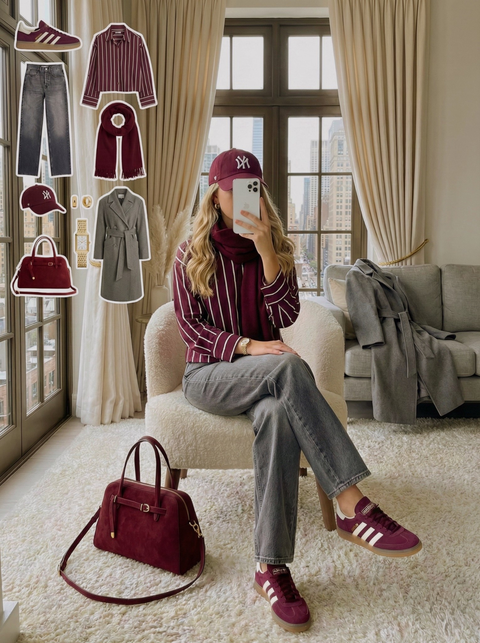 ✨ Sporty Burgundy Layers ✨

A casual city look styled around bold wine tones and relaxed denim. The striped button up adds a polished touch, balanced with the baseball cap and matching scarf for a cozy, coordinated feel. Washed grey jeans ground the outfit while letting the rich burgundy pieces stand out.

Finished with classic sneakers and a structured bag that gives the look a pulled together finish without losing its easy vibe.

🍒 Style Notes:
• Burgundy striped shirt as the statement piece
• Coordinated cap and scarf for a clean color story
• Washed grey denim for a soft contrast
• Classic sneakers for everyday comfort
• Structured top handle bag to elevate the sporty base
• Light grey coat for an effortless outer layer

Everything linked and ready to shop ✨

#LTKgrwm #LTKFindsUnder100 #LTKootd