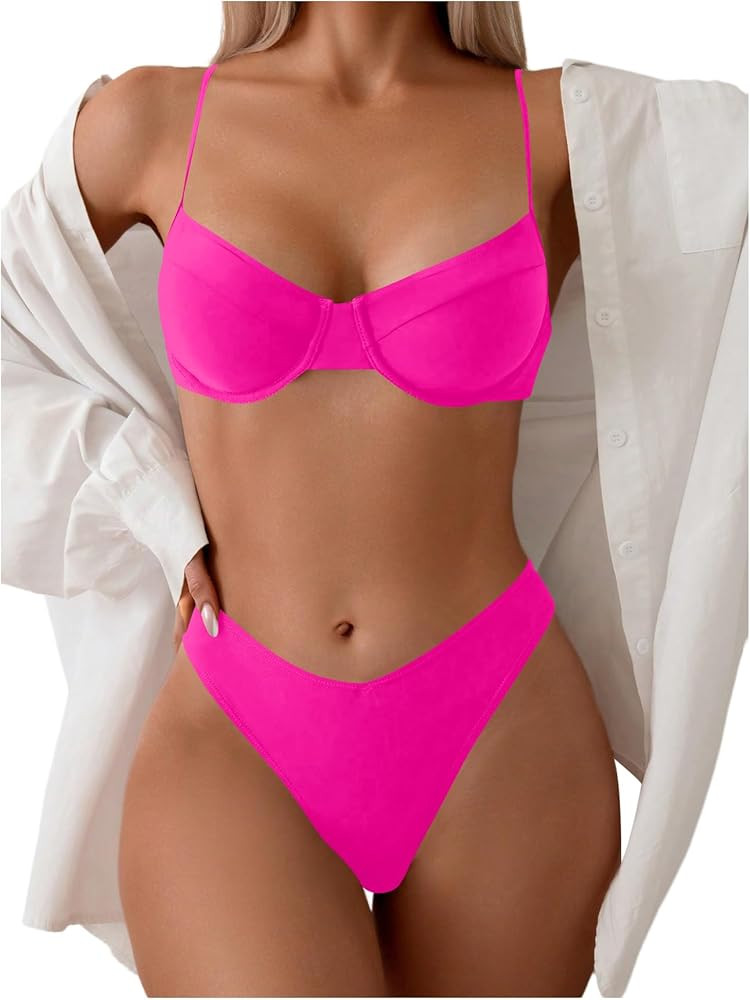 SweatyRocks Women's 2 Piece Bikini Set Spaghetti Strap High Cut Push Up Underwire Swimsuit | Amazon (US)