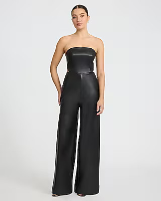 Faux Leather Strapless Cutout Wide Leg Jumpsuit with Pockets | Express