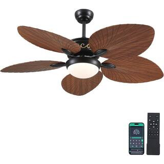 Kviflon 52 in. Indoor/Outdoor Black Retro 5 Palm Leaf Shaped Blades Ceiling Fan with Dimmable LED... | The Home Depot
