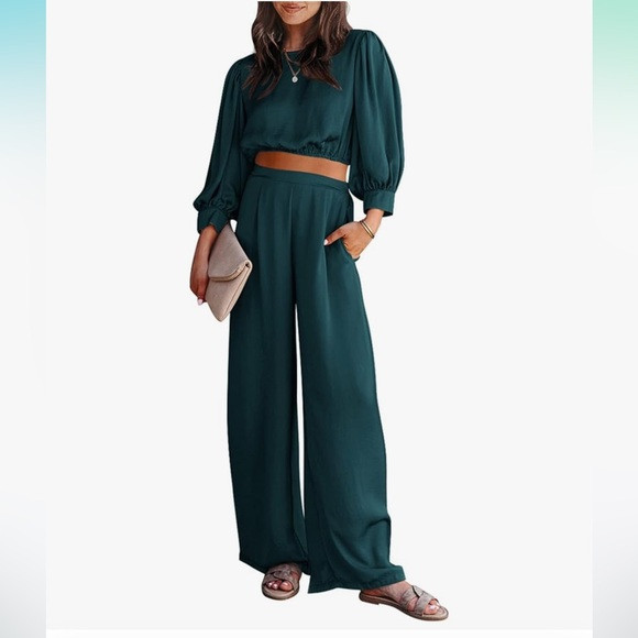 NWT PRETTYGARDEN Women's 2 Piece Satin Set | Blue/Green | Medium | Poshmark