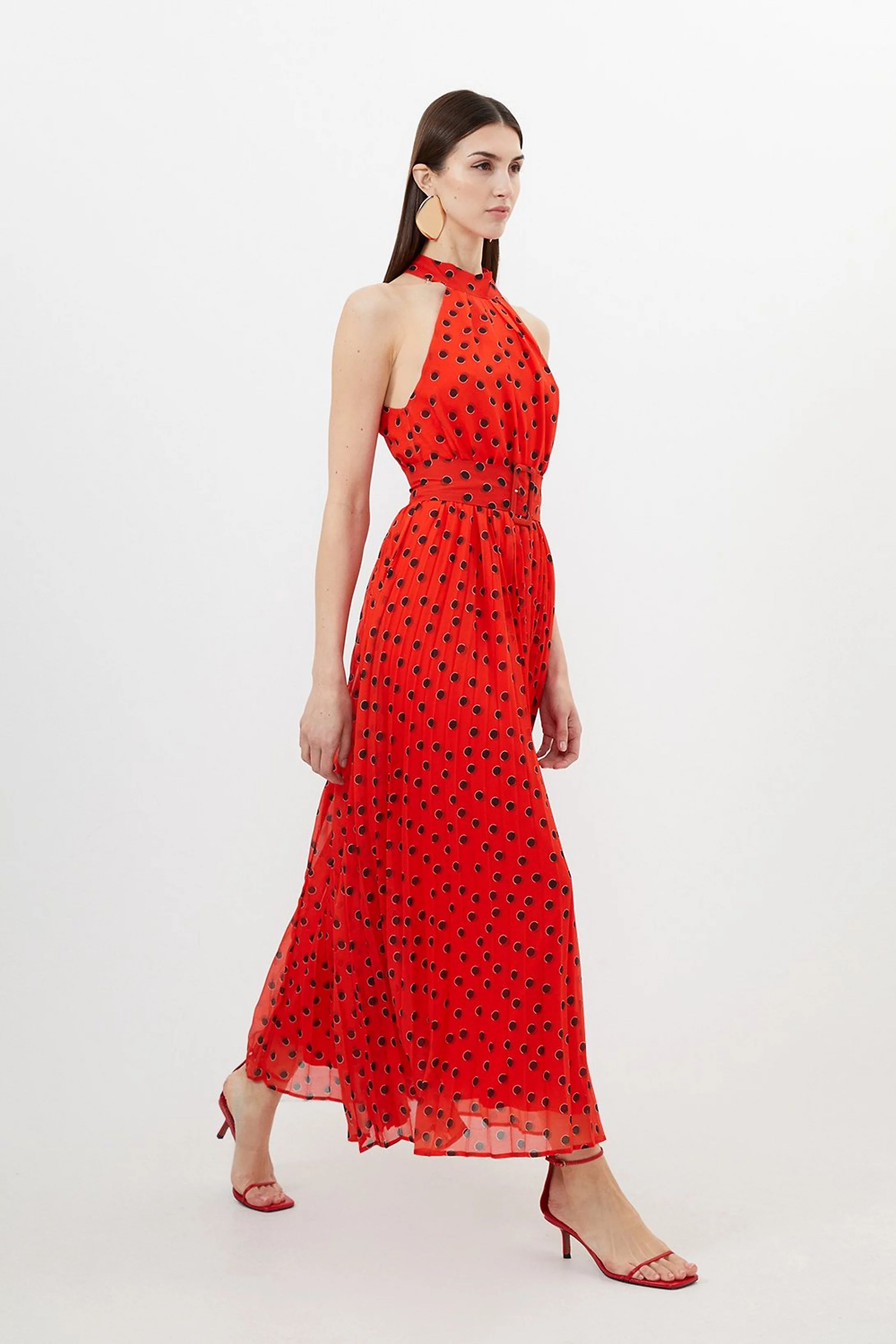 Spot Print Pleated Georgette Woven Halter Midi Dress | Karen Millen UK + IE + DE + NL