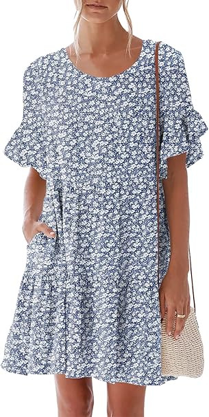 nclook Women's Summer Casual Dress Sweet & Cute V-Neck Mini Dress with Pocket Short Sleevele Ruff... | Amazon (US)