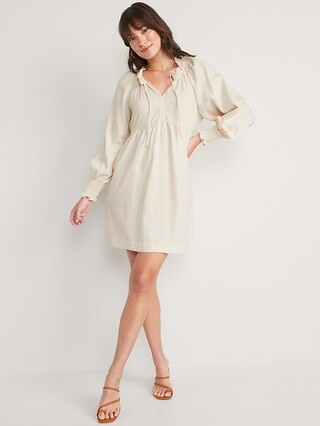 Puff-Sleeve Off-White Non-Stretch Jean Mini Poet Swing Dress for Women | Old Navy (US)