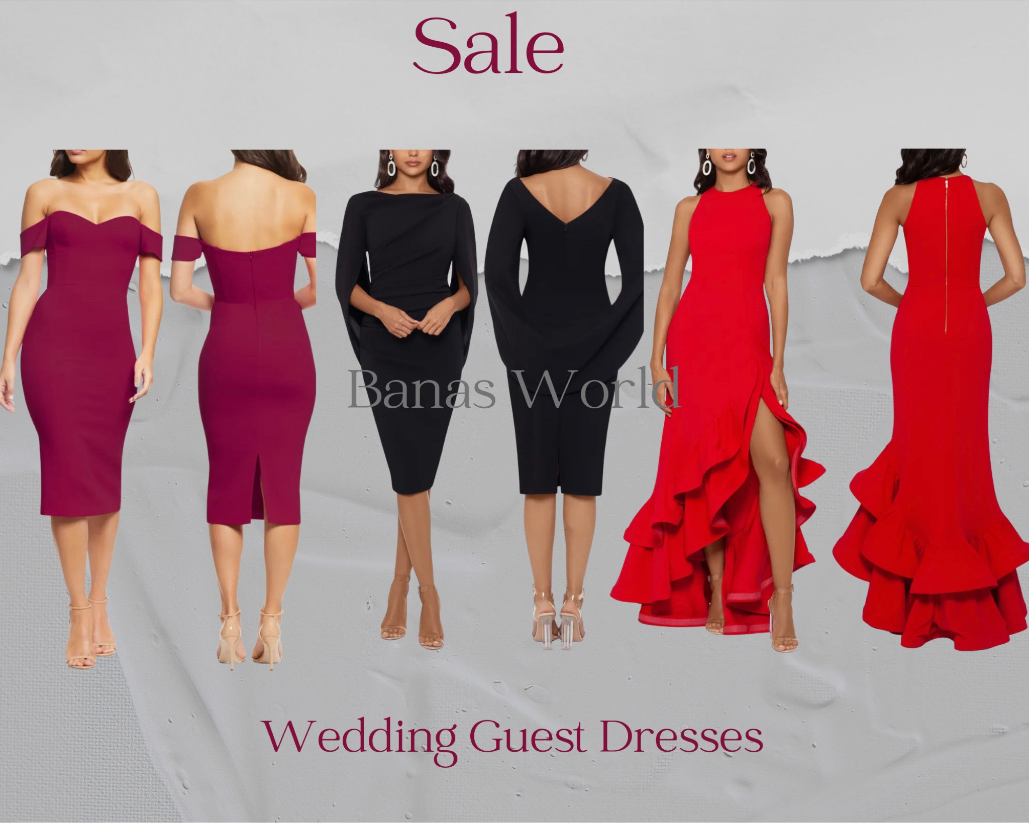 Nordstrom wedding guest dresses on Sale! Burgundy midi knee length  off the shoulder dress. Next up is a black cocktail wedding guest attached cape dress. And last is a red long high low dress 


#LTKwedding #LTKsalealert #LTKSale