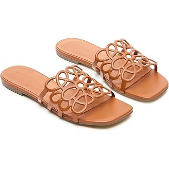 Coutgo Womens Flat Sandals Comfortable Square Open Toe Slides Slip On Summer Dressy Beach Shoes | Amazon (US)