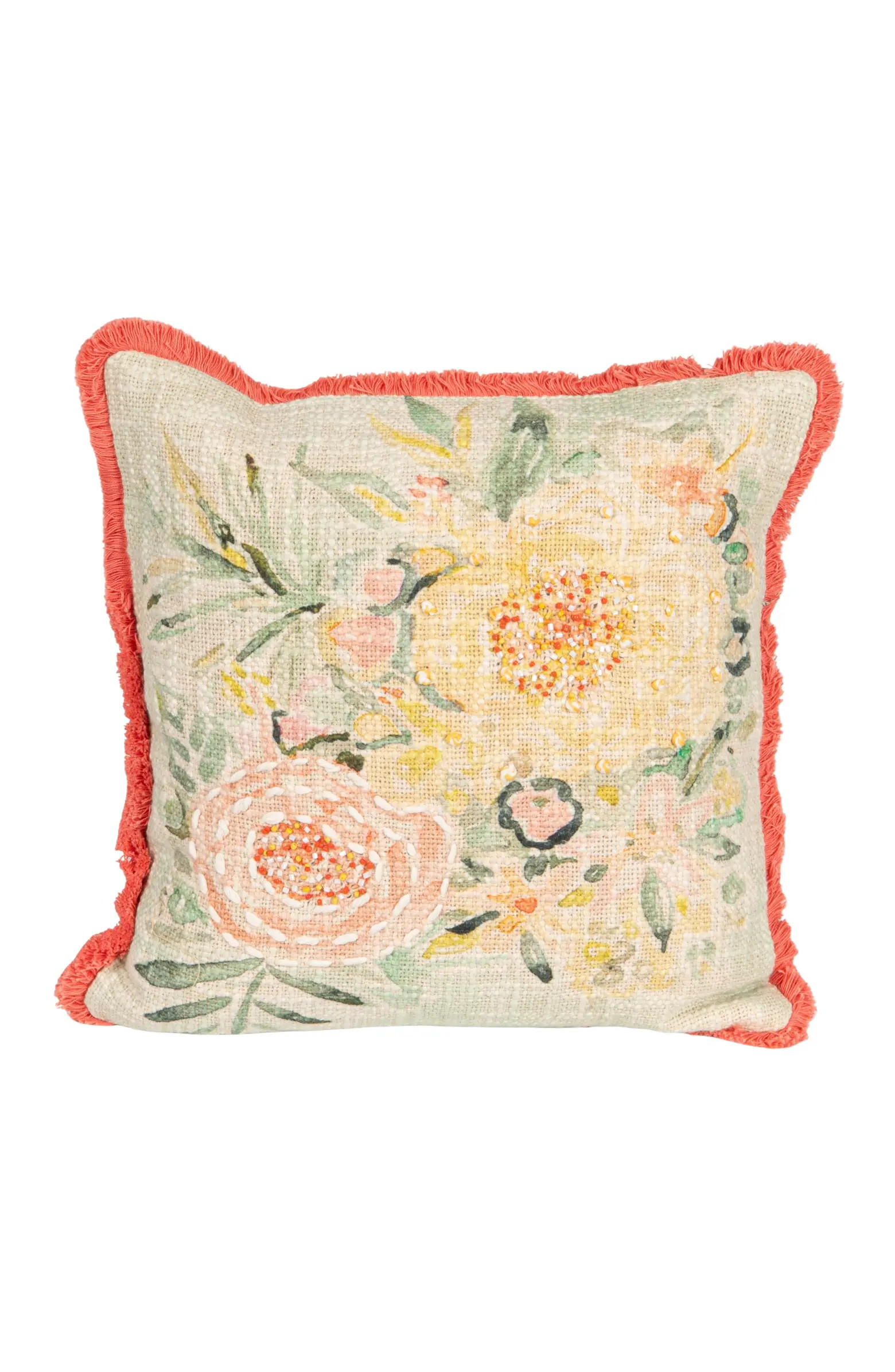 Cotton Slub Pillow with Flowers, Embroidery and Eyelash Fringe, Multi Color | Nordstrom
