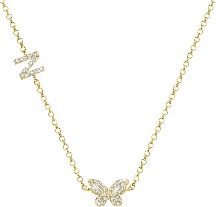 Sideways Initial Necklaces for Women, Dainty Gold Pendant Necklace with Butterfly, Letter Necklac... | Amazon (US)
