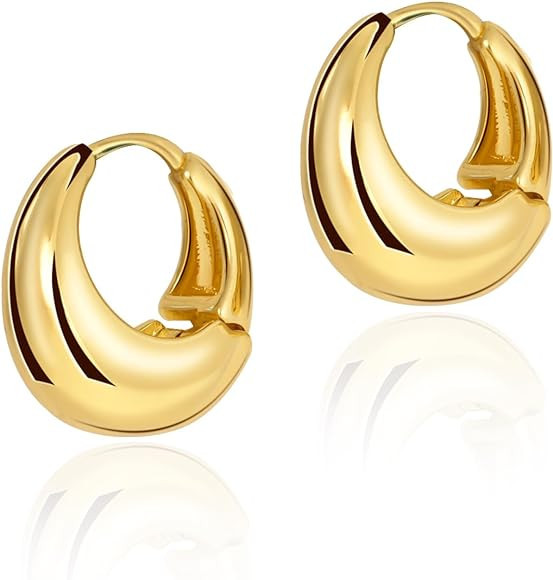 Yowivon Gold Hoop Earrings Chunky 14K Gold Plated Earring Thick Huggie Hoops Earring, Lightweight... | Amazon (US)