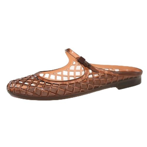 Women's Clear Mary Jane Jelly Flats, Transparent PVC Diamond Lattice Non-Slip Lightweight Breathable Comfortable Sandals Summer (Coffee,9.5) | Amazon (US)