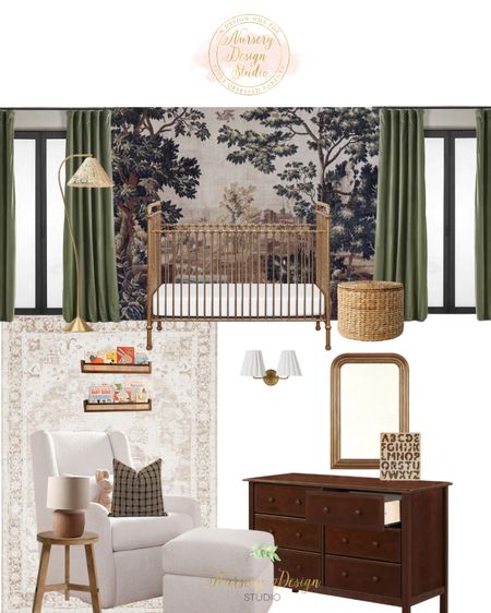 Green nursery design, mural, washable rug, double dresser, espresso dresser, Hunter green velvet curtains, woven storage 

#LTKSummerSales #LTKBump #LTKHome