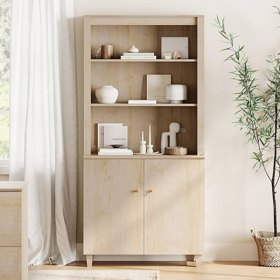 WAMPAT 71" Tall Bookcase with Doors & Storage Cabinet, Modern 5-Tier Bookshelf with Adjustable Sh... | Amazon (US)