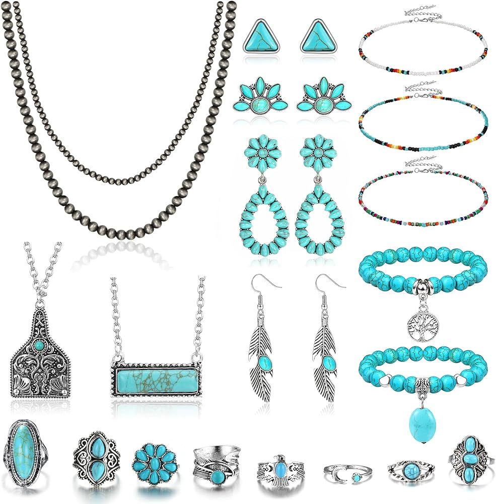 Fansilver Western Jewelry for Women Bohemian Turquoise Jewelry Set Navajo Pearl Necklace Beaded C... | Amazon (US)