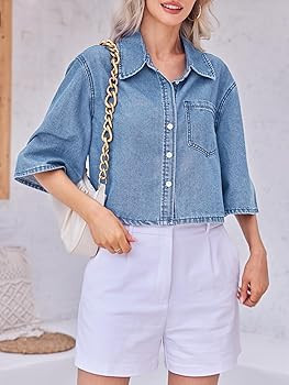 Tankaneo Womens Crop Denim Shirt Half Sleeve Button Down Short Jean Jacket with Pocket | Amazon (US)