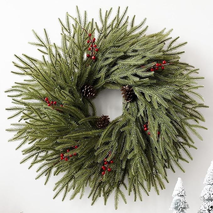 Artificial Christmas Wreaths for Front Door, 24" Large Winter Pine Wreath with Red Berries Pine C... | Amazon (US)