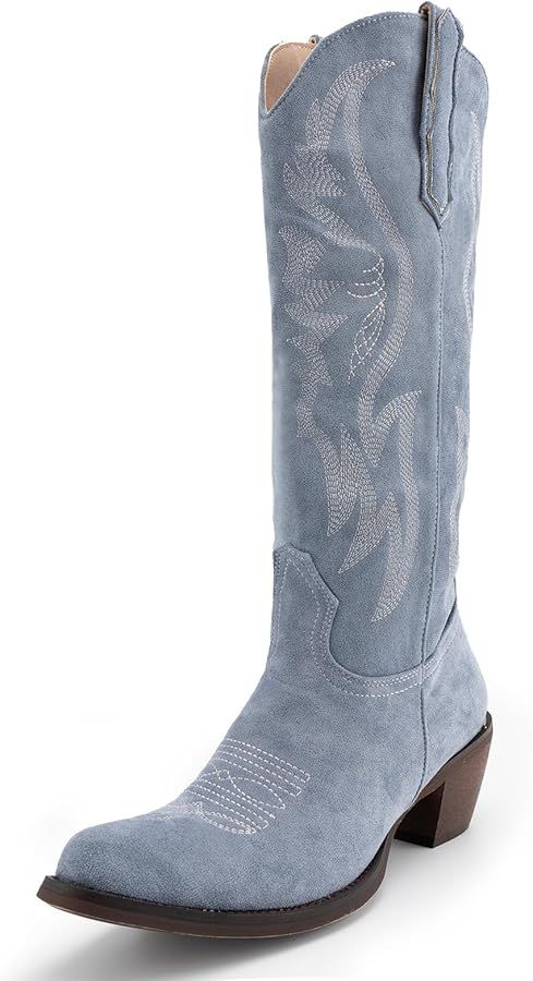 GORBINETI Women Pink Cowboy Boots Mid Calf Cowgirl Boots Sky Blue Western Boots Embroidered Suede... | Amazon (US)