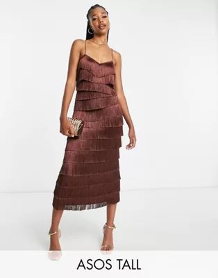 ASOS DESIGN Tall midi dress all-over fringe tassel in chocolate | ASOS (Global)
