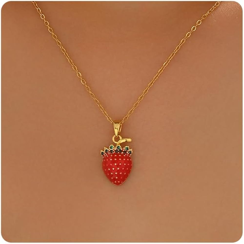 18K Gold Plated Necklaces for Women Dainty Sun Cherry Maple Leaf Strawberry Pendant Necklace Simp... | Amazon (US)