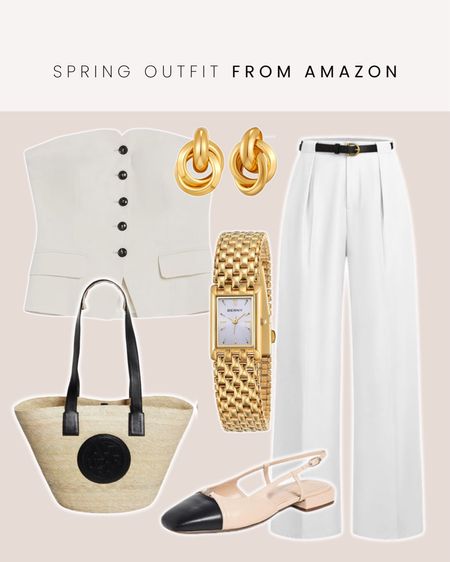 Spring outfit idea from Amazon — white strapless top, white pants, gold watch, straw tote, heels, gold earrings 

#LTKfindsunder100 #LTKworkwear #LTKSeasonal