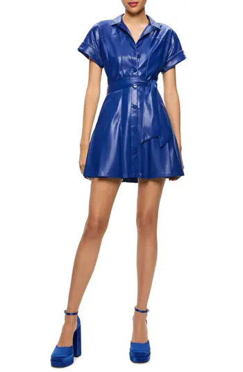 Alice + Olivia Shirley Pleated Tie Waist Faux Leather Minidress in Royal at Nordstrom Rack, Size 12 | Nordstrom Rack