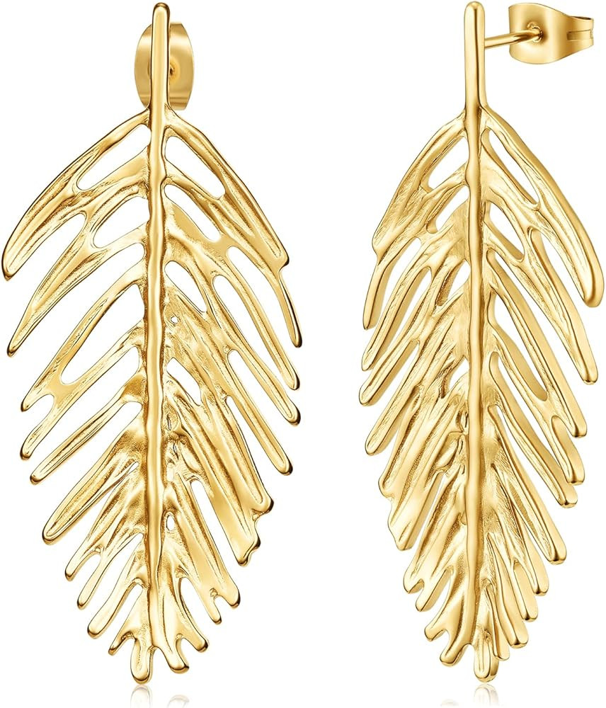 Gold Leaf Earrings For Women Long Feather Dangling Earrings Gold Hanging Statement Dangle Earring... | Amazon (US)
