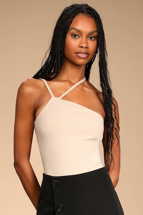 Style Phenomena Taupe Ribbed Asymmetrical Sleeveless Bodysuit | Lulus (US)