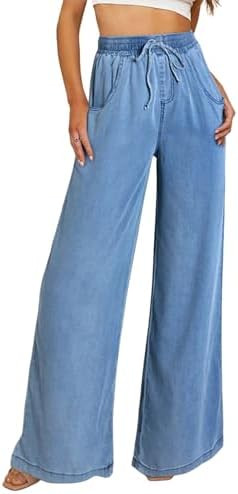 Sidefeel Women's Drawstring Wide Leg Jeans High Waisted Loose Fit Denim Pants | Amazon (US)