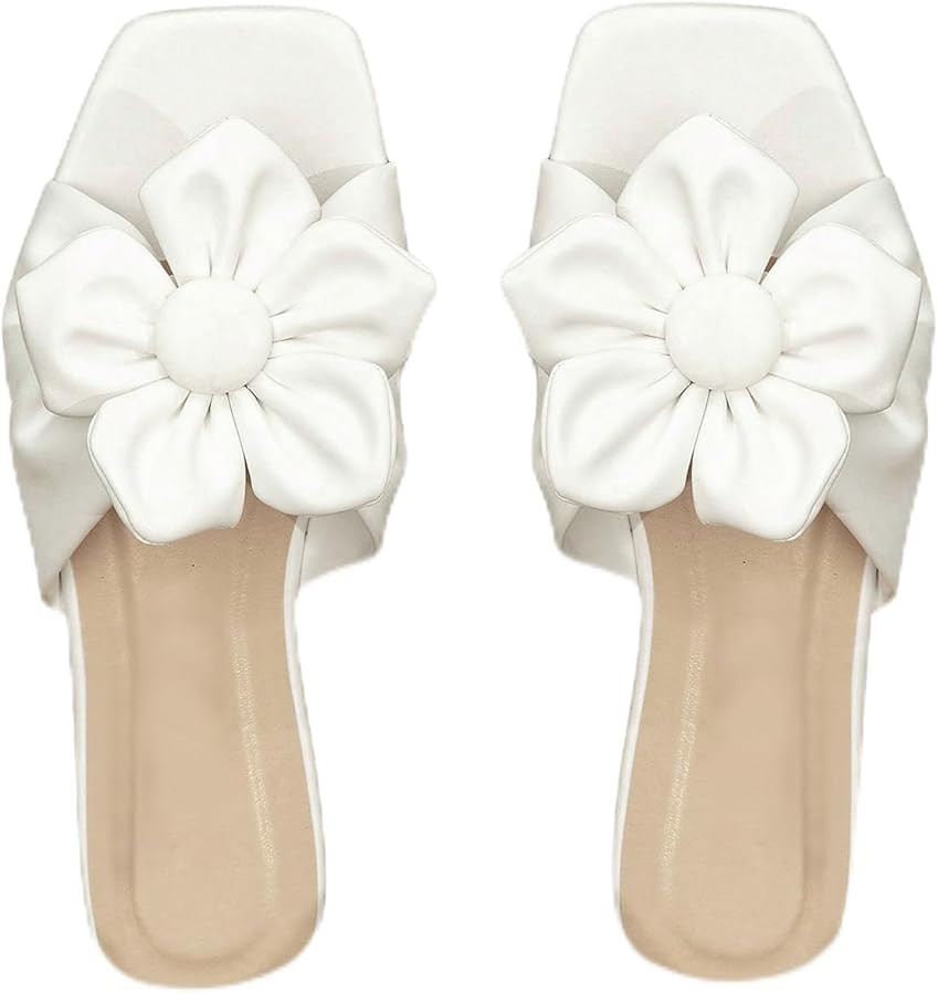 GORGLITTER Women's Bow Flat Sandals Cute Leather Sandals Square Toe Slip On Slide Sandals | Amazon (US)