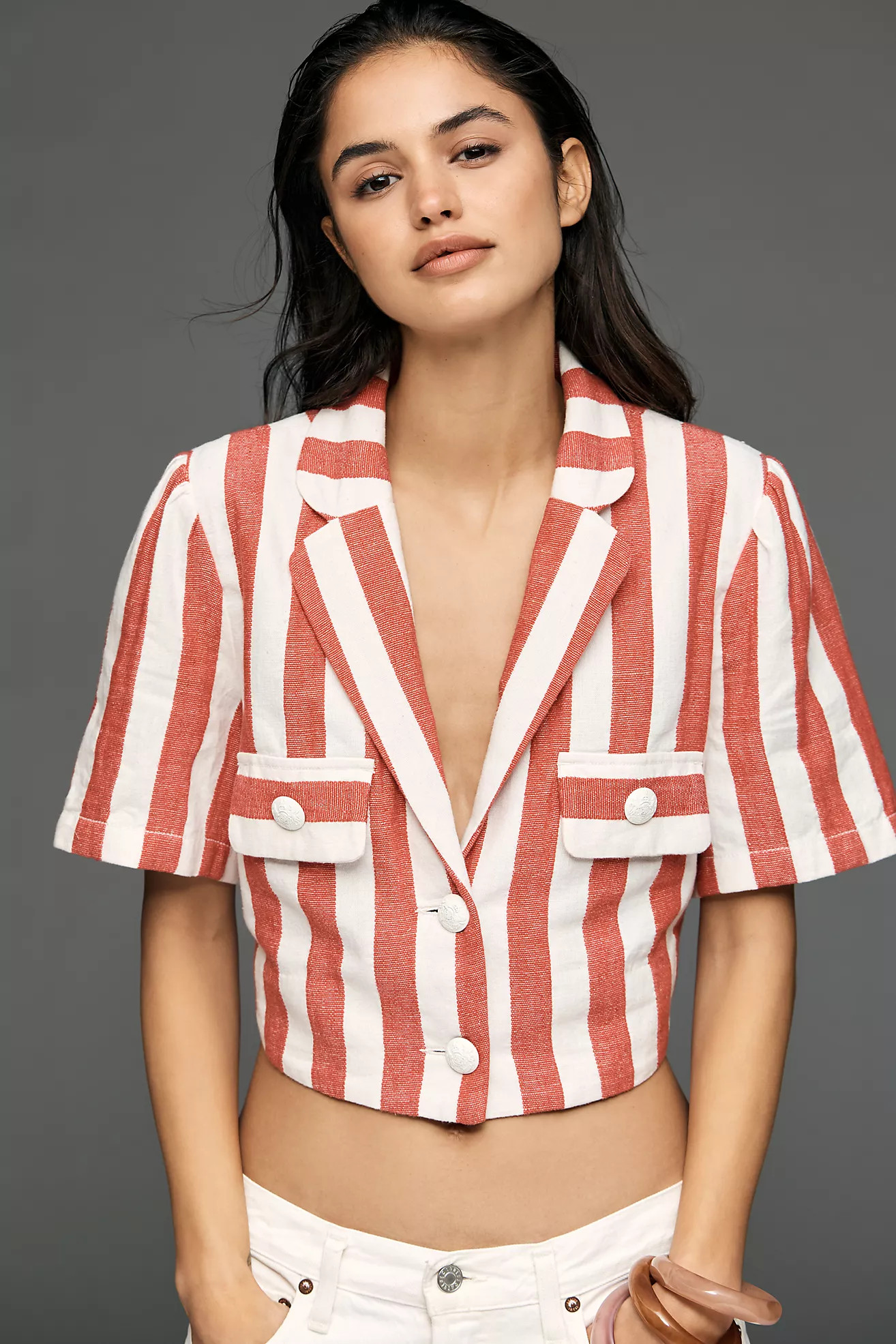 Maeve Striped Short-Sleeve Cropped Blazer | Anthropologie (US)