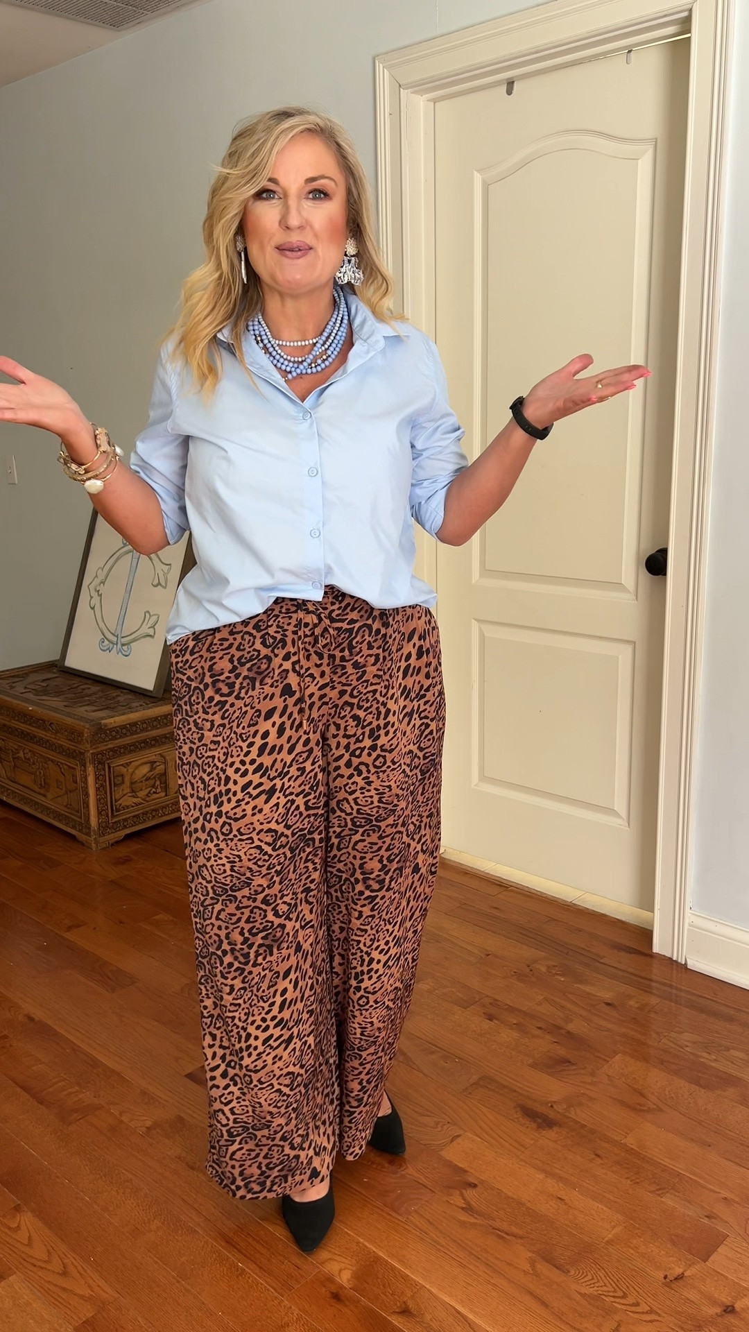 Wearing g a medium in the leopard print pull on pants. And a medium in the button up shirt. 

Work wear
Office outfit
Over 50 fashion

#LTKootd #LTKOver40 #LTKMidsize