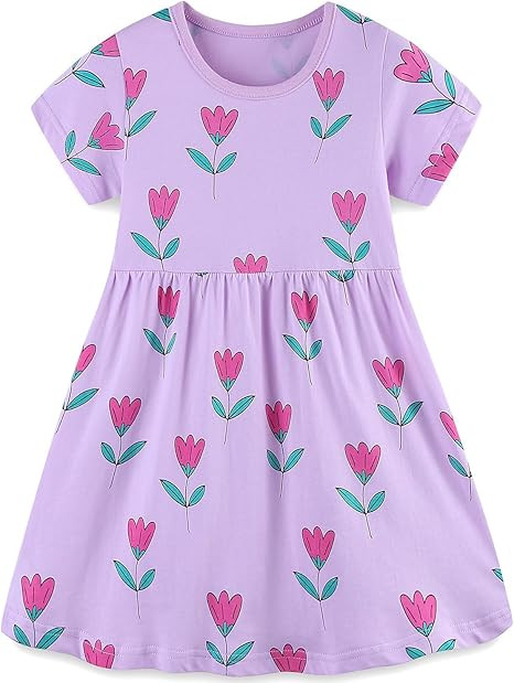 Bumeex Toddler Girl Clothes Cotton Casual Cartoon Print Short Sleeve Dresses 1-7 Years | Amazon (US)