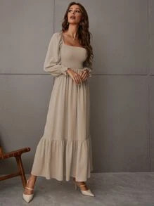 SHEIN VCAY Square Neck Shirred Ruffle Hem Dress | SHEIN