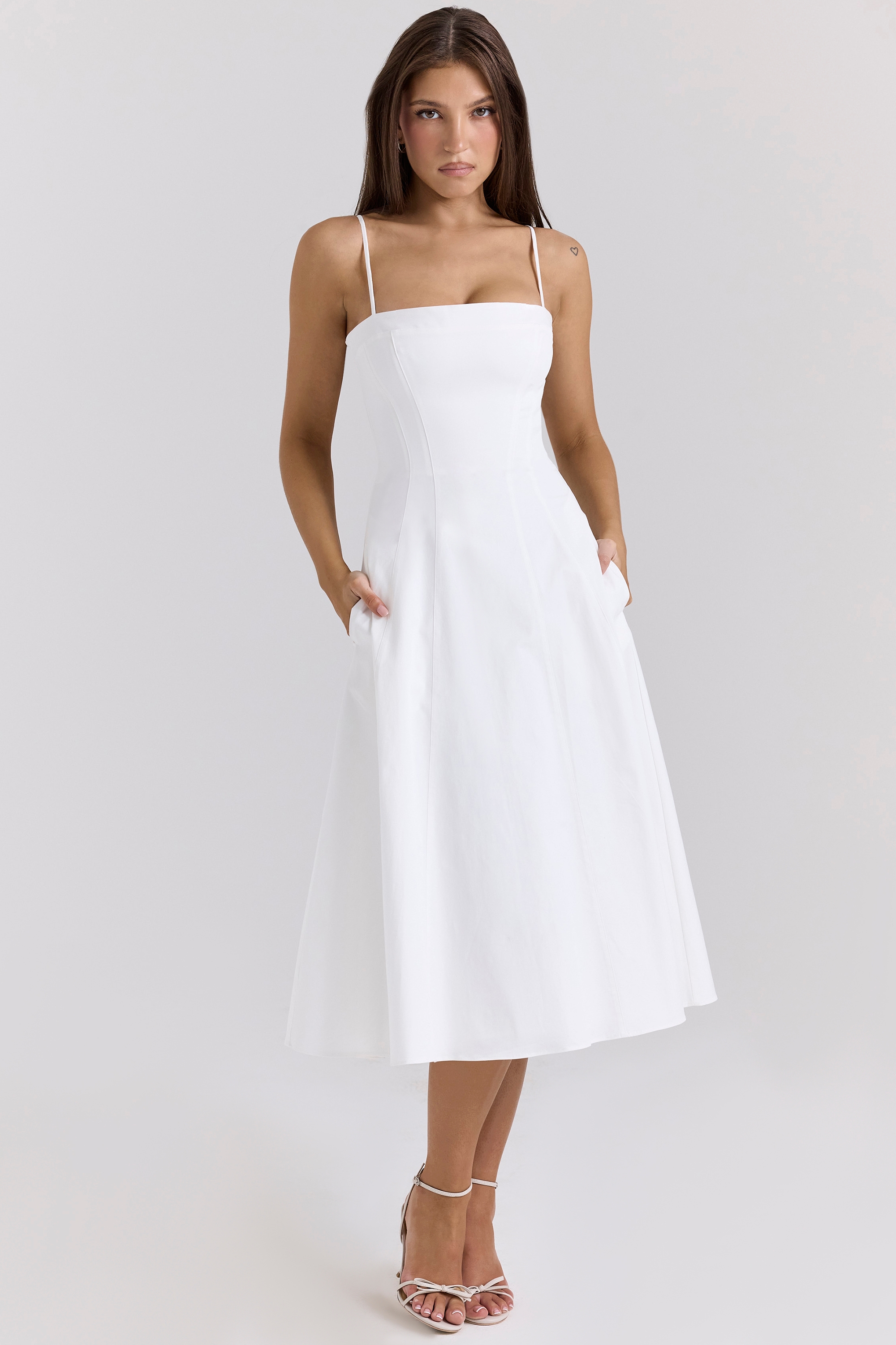white stretch cotton a-line midi sundress | House of CB