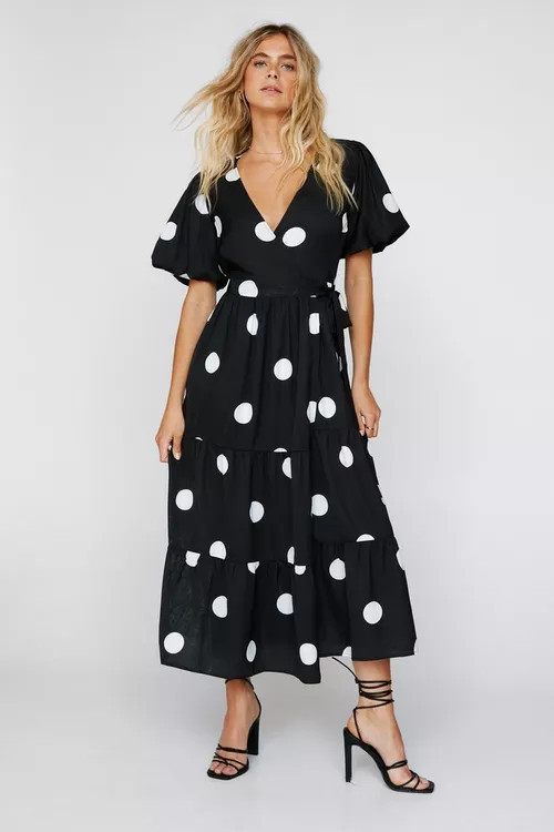 Polka Dot Print Wrap Midi Dress | Nasty Gal (US)