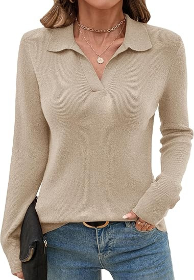 Romanstii Women's Knitted Collared Sweaters Long Sleeve V-Neck Polo Shirts Winter Pullover Tops | Amazon (US)