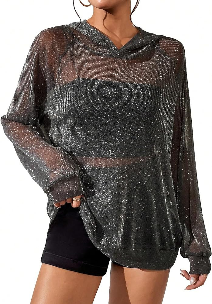 WDIRARA Women's Glitter Sheer Mesh See Through Long Sleeve Pullovers Oversized Shirts Hoodie Swea... | Amazon (US)