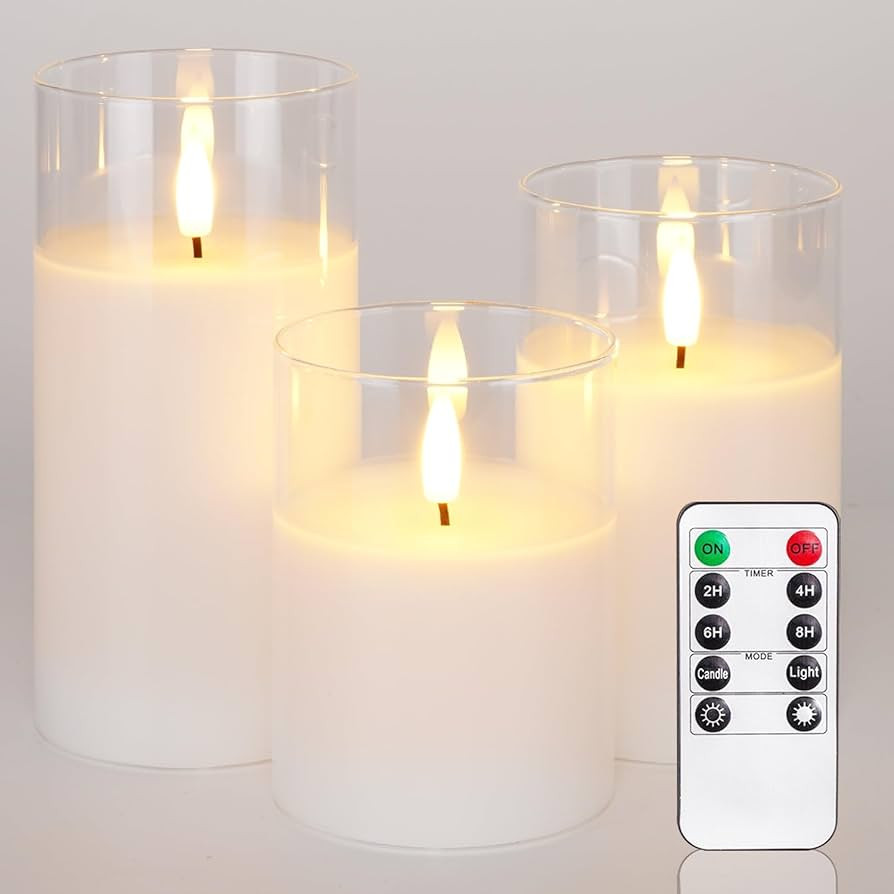 Homemory Clear Glass Flameless Candles, Pure White Wax Battery Operated Candles, LED Pillar Candl... | Amazon (US)