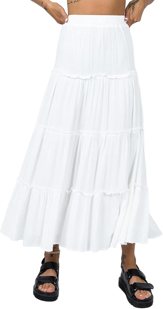 Women's Long Maxi Skirts Elastic High Waist Tiered Flowy Long Skirt Pleated Swing A-Line Maxi Sum... | Amazon (US)