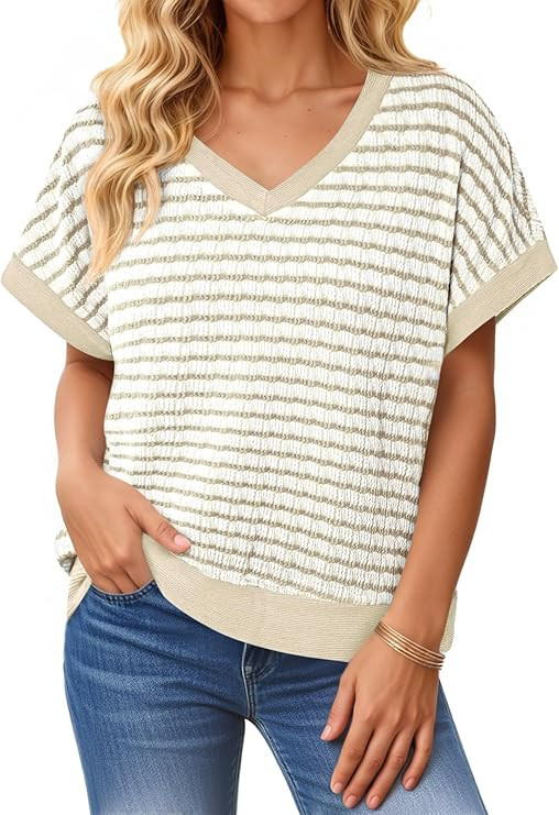 Tankaneo Womens V Neck Short Sleeve T-Shirts Oversized Knit Striped Tops 2026 Trendy Casual Loose... | Amazon (US)