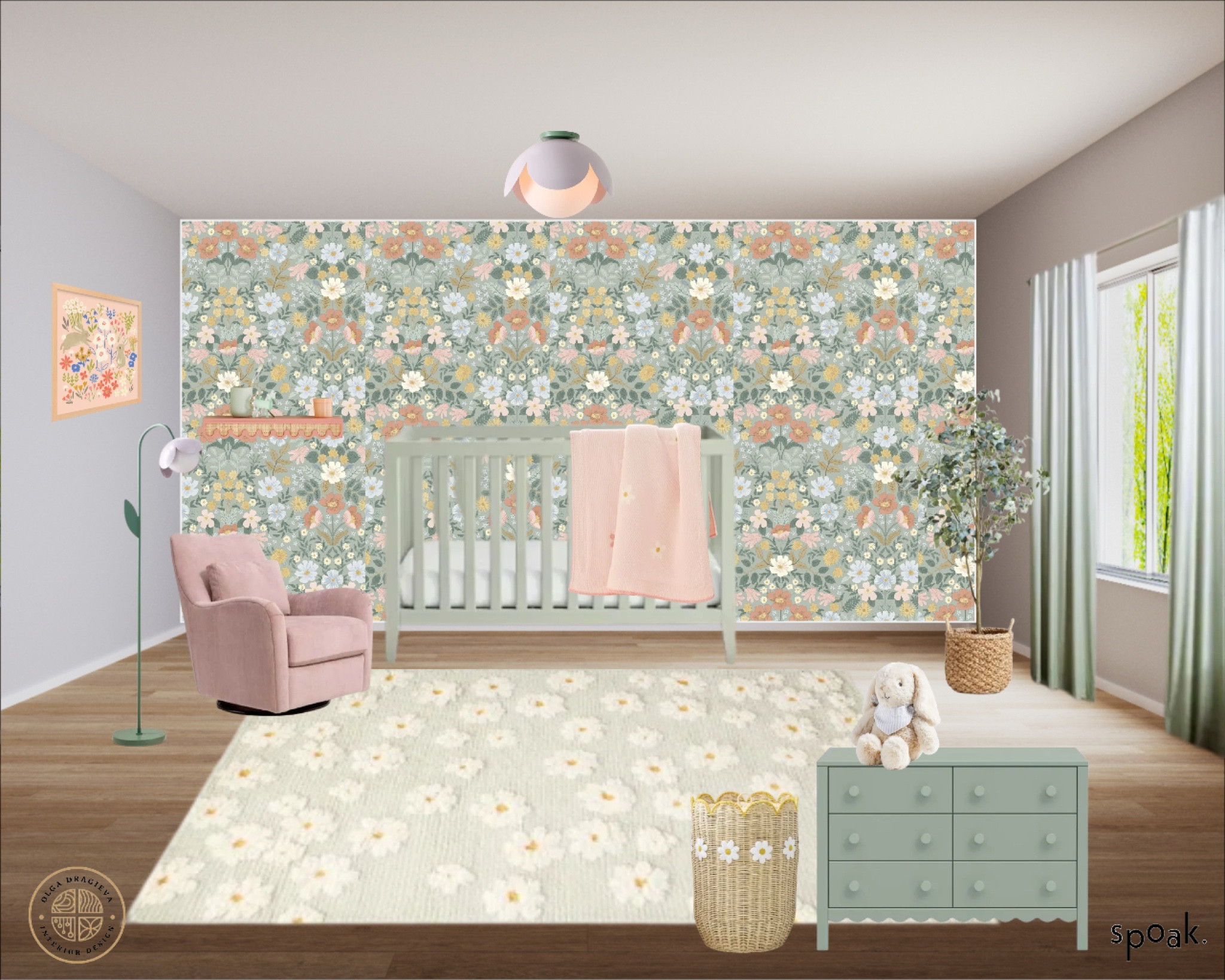 Spring nursery design/mood board. I love the flower wallpaper, flower lighting from West Elm, daisy rug, flower wall art, blush pink glider chair, green crib and dresser. Daisy storage/hamper. 

#LTKFamily #LTKBaby #LTKHome