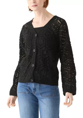 Ultra Pink Women's Long Sleeve Crochet Cardigan, Black, Small | Belk