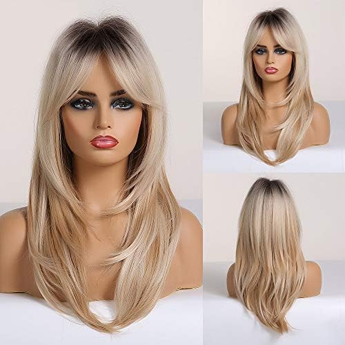 HAIRCUBE Long Curly Blonde Women's Wigs Shoulder-Length Synthetic Wigs for Women with Bangs Black... | Amazon (US)