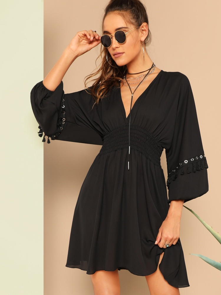 Tassel Eyelet Tape Shirred Waist Plunging Dress | SHEIN