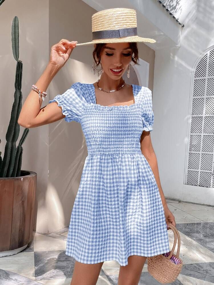 Gingham Print Shirred Bust Dress | SHEIN