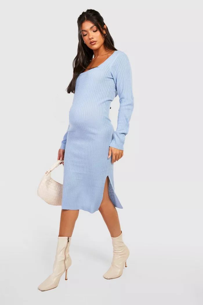 Maternity Split Knitted Midi Dress | Boohoo | Maternity Baby Shower Dress | Maternity Winter Outfits | boohoo (US & Canada)