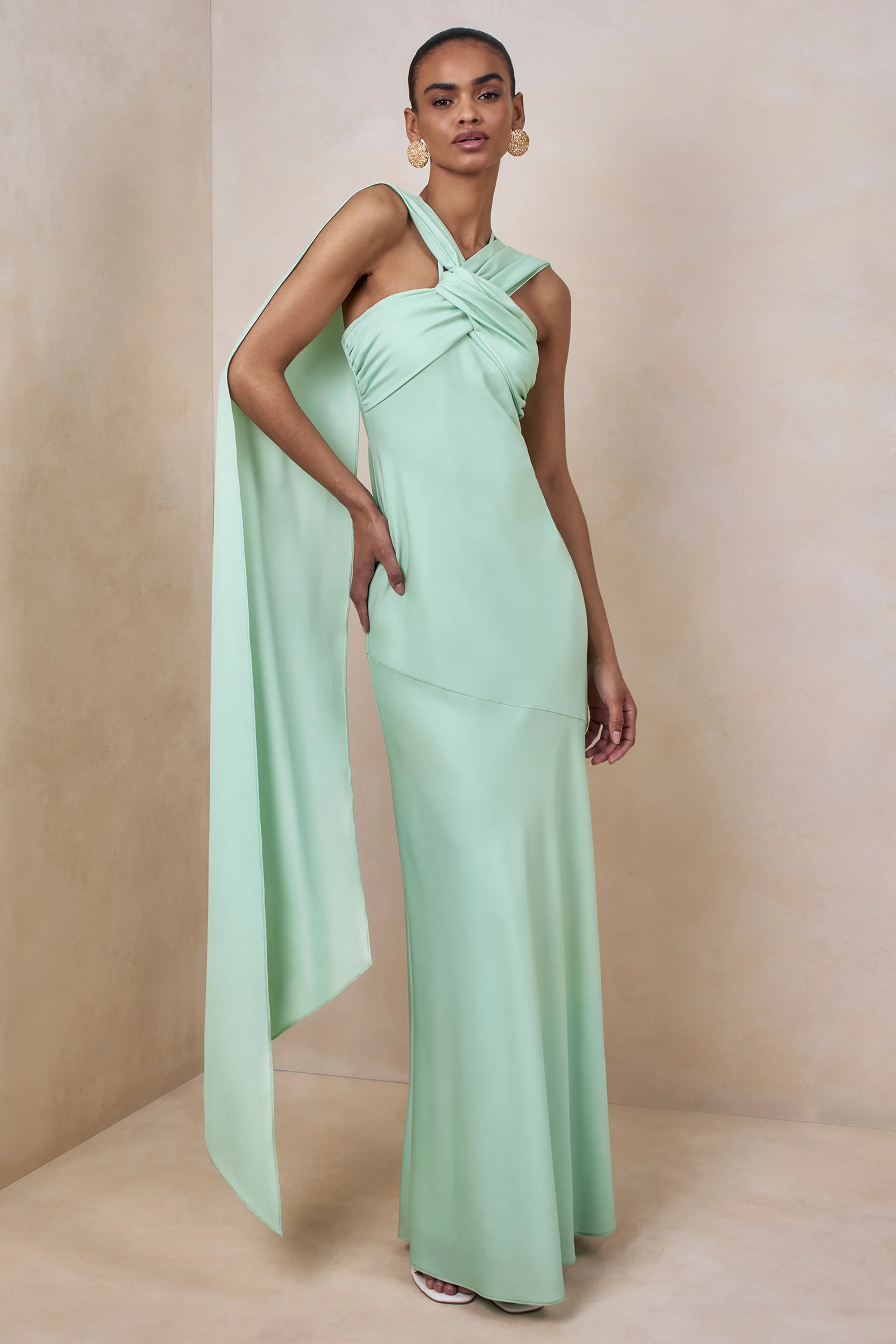 Sloane | Mint Matte Satin Halter-Neck Maxi Dress With Cape | Club L London