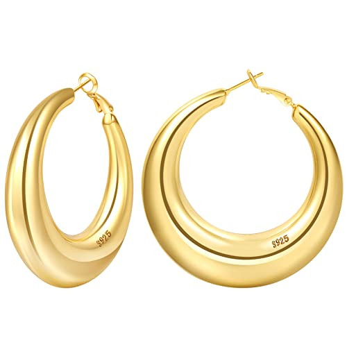 PABBEU Chunky Gold Hoop Earrings 14k Gold Hoop Earrings Hypoallergenic Chunky Large Hoops Earrings for Women Lightweight Big Gold Hoops Earrings for Women 30/40/50MM | Amazon (US)